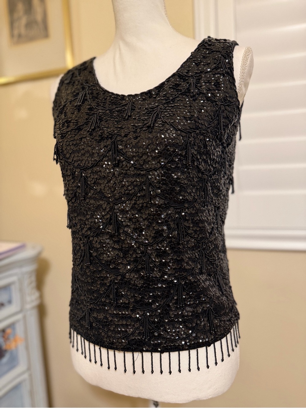 Vintage 1950’s/60’s Black Hand Beaded Sequin Sleeveless Top lined.